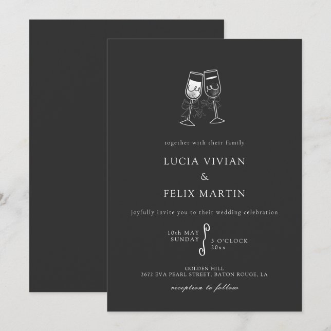Invitación Elegante Boda de champagne negro (Anverso / Reverso)