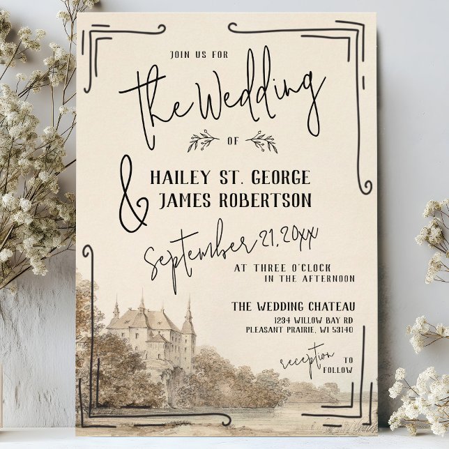 Invitación Elegante Boda de Chateau francés dibujado en beige (Elegant hand drawn quirky whimsical French chateau fantasy black and ivory cream wedding invitation)