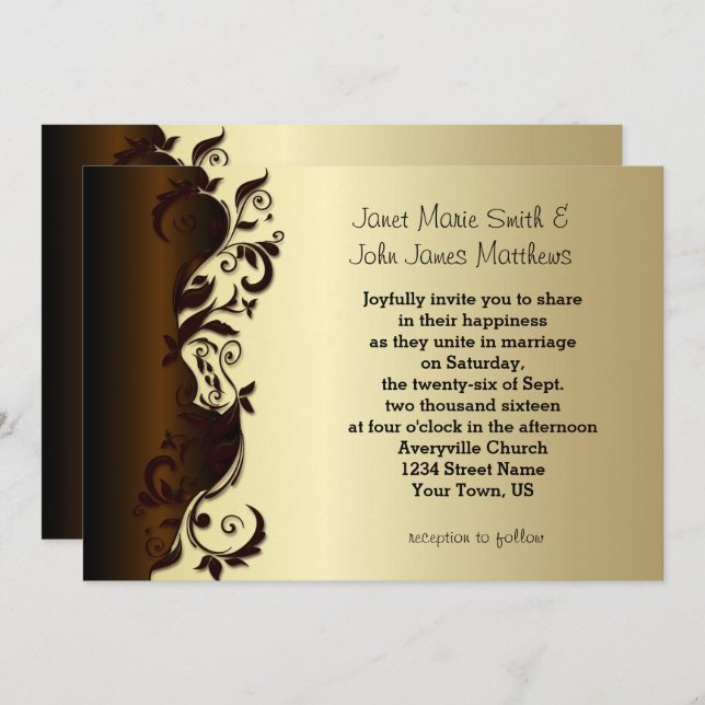 Invitación Elegante Boda de chocolate marrón y dorado floral (Anverso / Reverso)