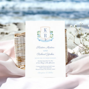 Invitación Elegante Boda de Cima Azul Costero con Cresta de M
