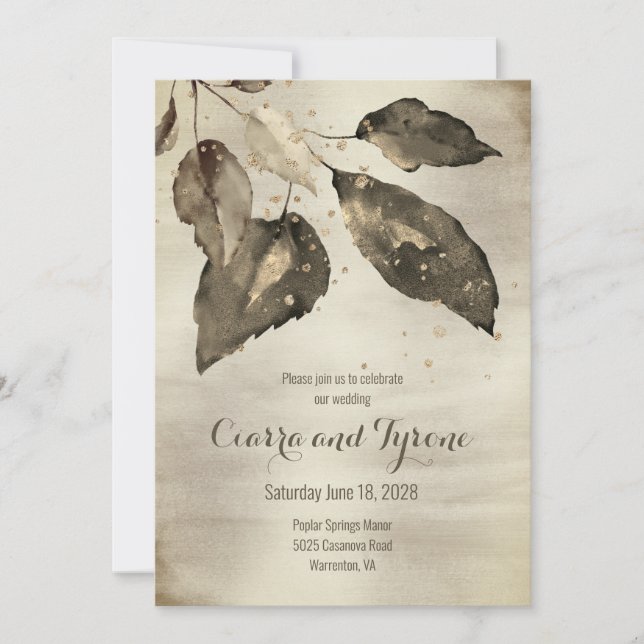 Invitación Elegante Boda de cinco hojas de bronce y champagne (Anverso)