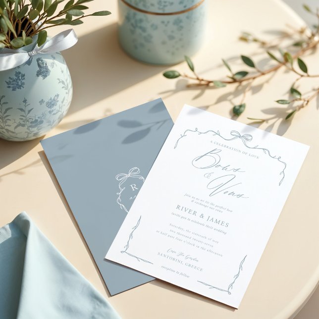 Invitación Elegante Boda de cinta y paro dibujado de mano azu (Elegant Blue Hand Drawn Bow & Ribbon Wedding Invitation)