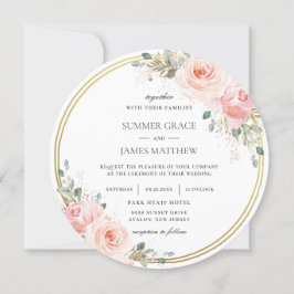 Invitación Elegante Boda de Círculo de Oro Floral Rosa Rubor