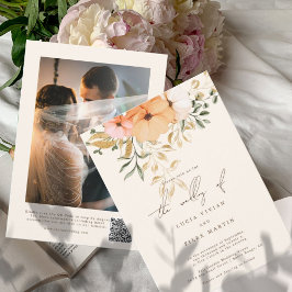 Invitación Elegante Boda de código de Flores de Oro Photo&QR