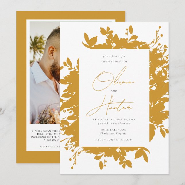Invitación Elegante Boda de código QR amarillo mostaza floral (Anverso / Reverso)