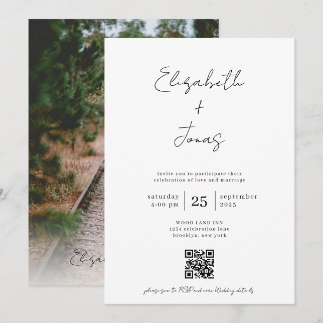 Invitación Elegante Boda de código QR con escritura a mano (Anverso / Reverso)