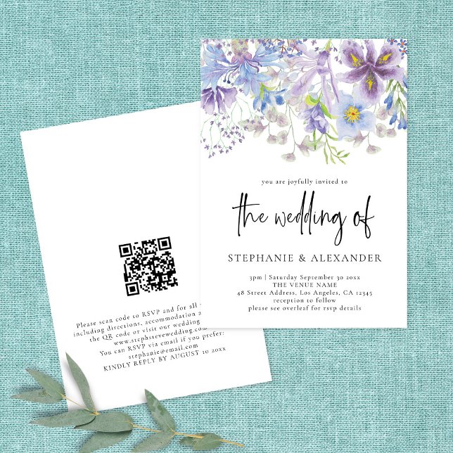 Invitación Elegante Boda de código QR con floral púrpura (Subido por el creador)