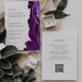 Invitación Elegante Boda de código QR de Agate Purple Silver