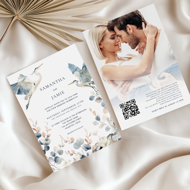Invitación Elegante Boda de código QR de Blue Herons Photo (Front and back view)