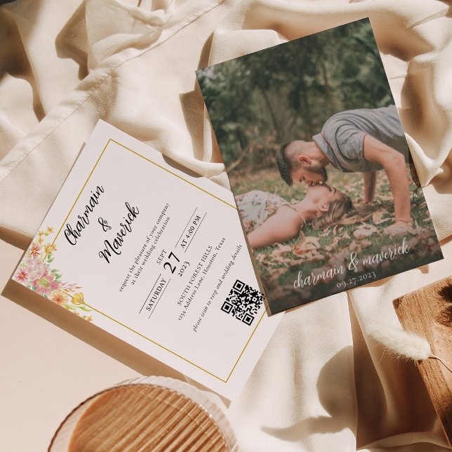 Invitación Elegante Boda de código QR de borde dorado floral (Subido por el creador)