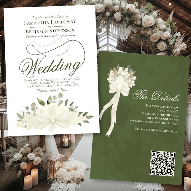 Invitación Elegante Boda de código QR de Bouquet floral blanc (Front/Back)