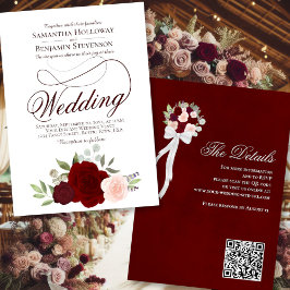 Invitación Elegante Boda de código QR de color rojo y rosa fl