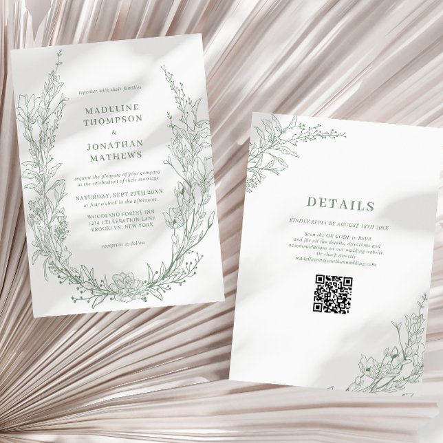 Invitación Elegante Boda de código QR de flor verde sabio (Subido por el creador)