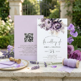 Invitación Elegante boda de código QR de florales de lila púr