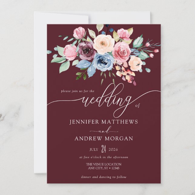 Invitación Elegante boda de código QR de flores azules de Bor (Anverso)