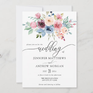 Invitación Elegante Boda de código QR de flores azules de Bor