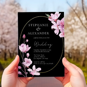 Invitación Elegante Boda de código QR de flores de cerezo neg