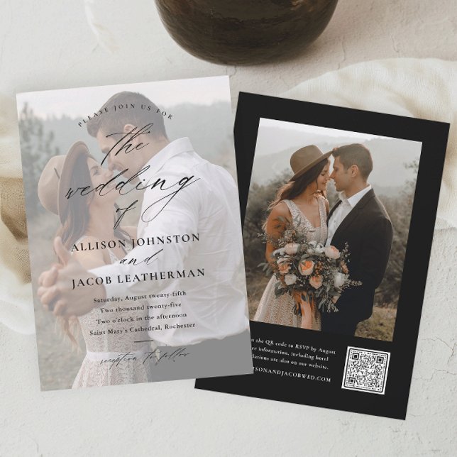 Invitación Elegante boda de código QR de foto (Elegant photo wedding invitations with script typography overlay. The back has a QR Code RSVP.)