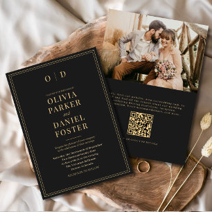 Invitación Elegante Boda de código QR de foto de oro negro
