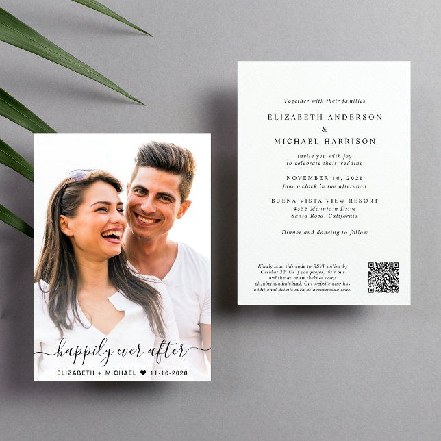 Invitación Elegante Boda de código QR de foto manuscrita (Elegant all-in-one wedding invite featuring your photo + a QR code linked to your wedding website)
