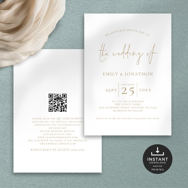 Invitación Elegante Boda de código QR de guión dorado (Front and back view)