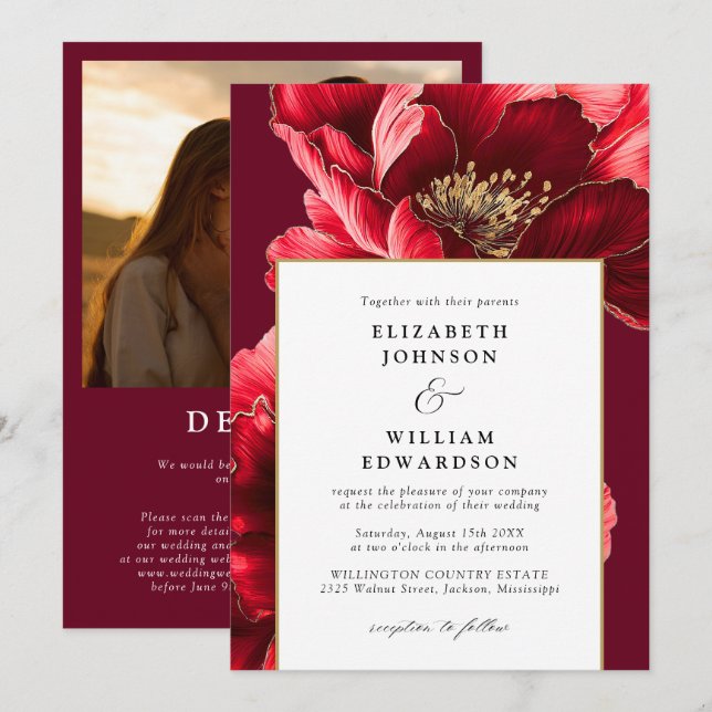 Invitación Elegante Boda de código QR de la foto floral de or (Anverso / Reverso)