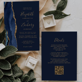 Invitación Elegante Boda de código QR de la Marina Blue Gold