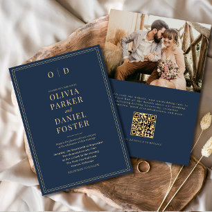 Invitación Elegante Boda de código QR de la Marina Blue Gold