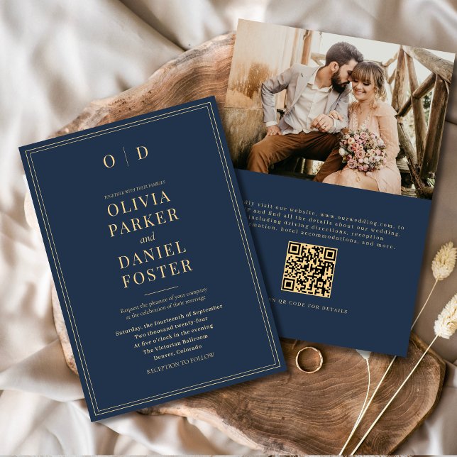 Invitación Elegante Boda de código QR de la Marina Blue Gold  (Subido por el creador)