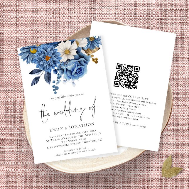 Invitación Elegante Boda de código QR de la Marina Gold Flora (Subido por el creador)