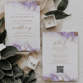 Invitación Elegante Boda de código QR de lavanda de mármol do