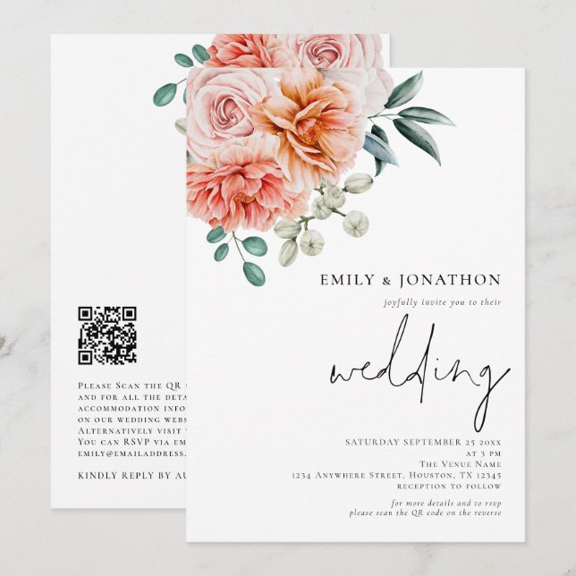 Invitación Elegante Boda de código QR de Peach Florals (Anverso / Reverso)