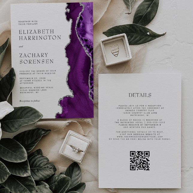 Invitación Elegante boda de código QR de plata con ágata púrp (Subido por el creador)