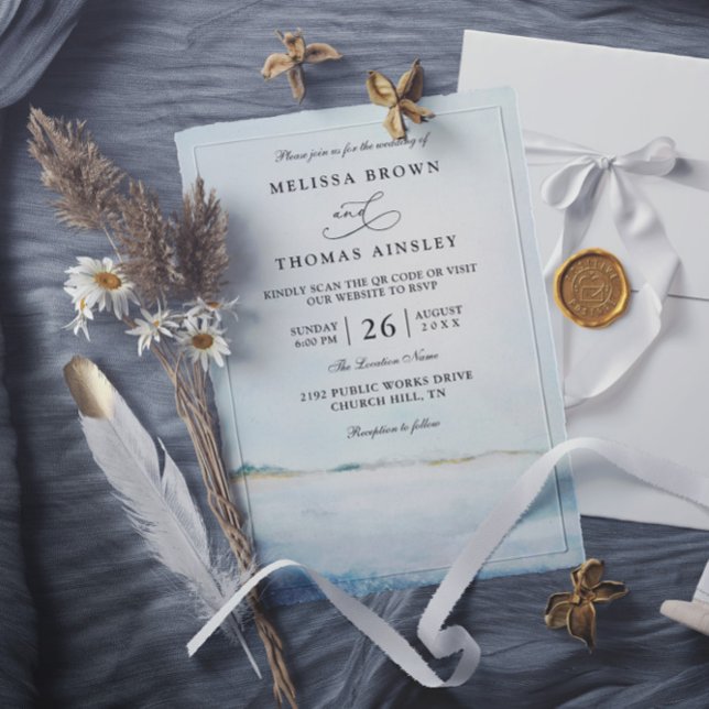 Invitación Elegante Boda de Código QR de Playa con Acuarela M (Subido por el creador)