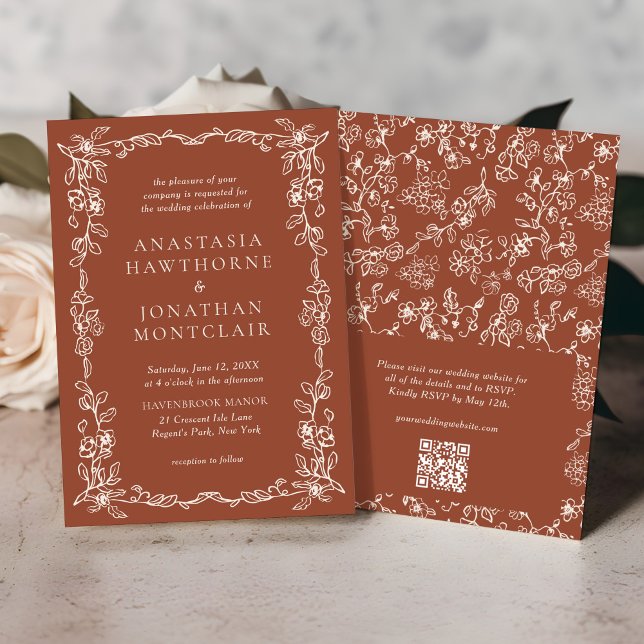 Invitación Elegante Boda de código QR de Terracota Floral Vin (Subido por el creador)