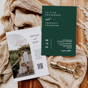 Invitación Elegante Boda de código QR del Boho verde esmerald