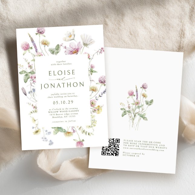 Invitación Elegante Boda de código QR del Pastel suave de la  (Elegant Soft Pastel Wildflower QR code Wedding Invitation)
