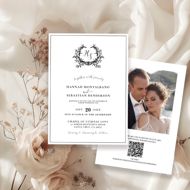 Invitación Elegante Boda de código QR Escudo de Monograma Bla (Subido por el creador)