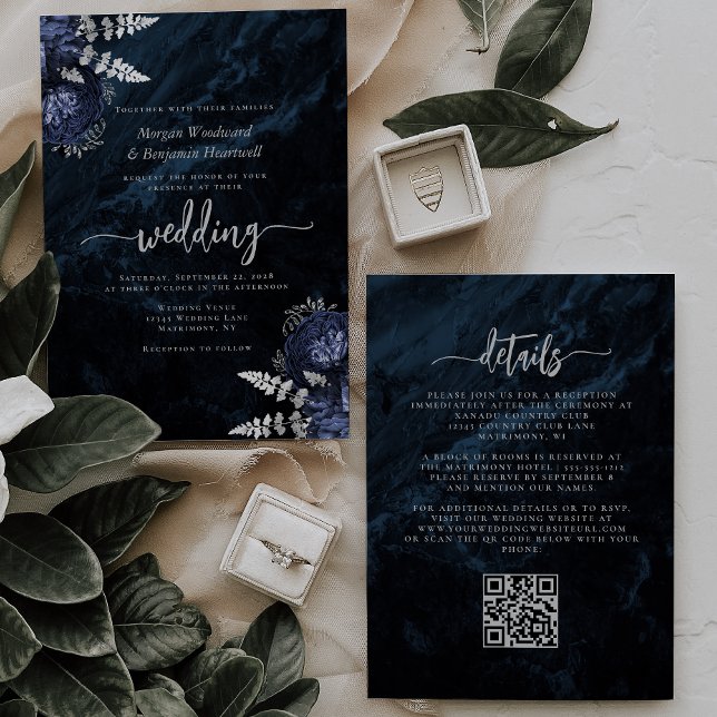 Invitación Elegante Boda de código QR floral azul de la Marin (Subido por el creador)