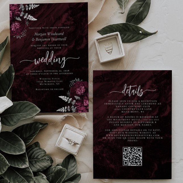Invitación Elegante Boda de código QR floral borgoñona platea (Subido por el creador)