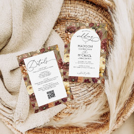 Invitación Elegante Boda de código QR floral de flores silves