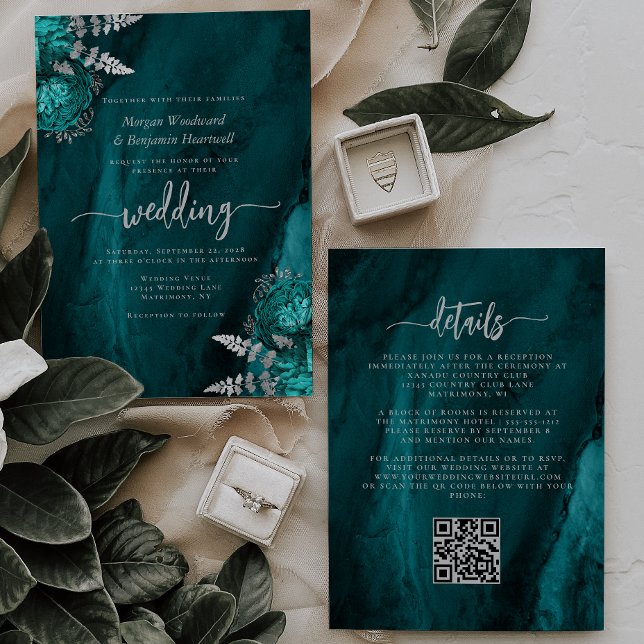 Invitación Elegante Boda de código QR floral de plata azul Ve (Subido por el creador)