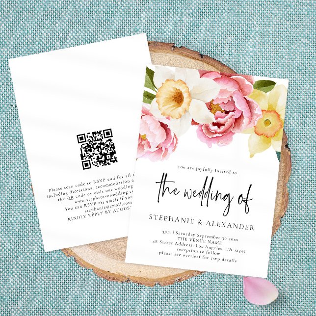 Invitación Elegante Boda de código QR floral de primavera (Subido por el creador)