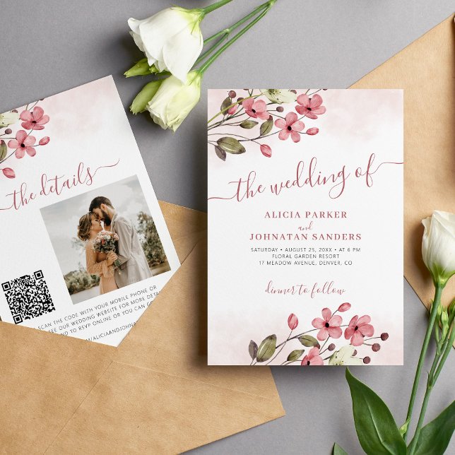 Invitación Elegante boda de código QR floral rosa de acuarela (Subido por el creador)