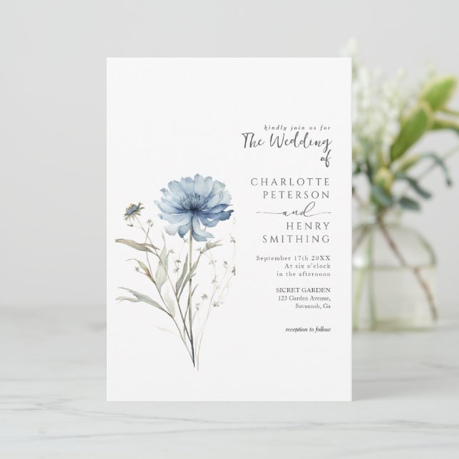 Invitación Elegante Boda de código QR moderno de Flor Azul (Anverso de pie)