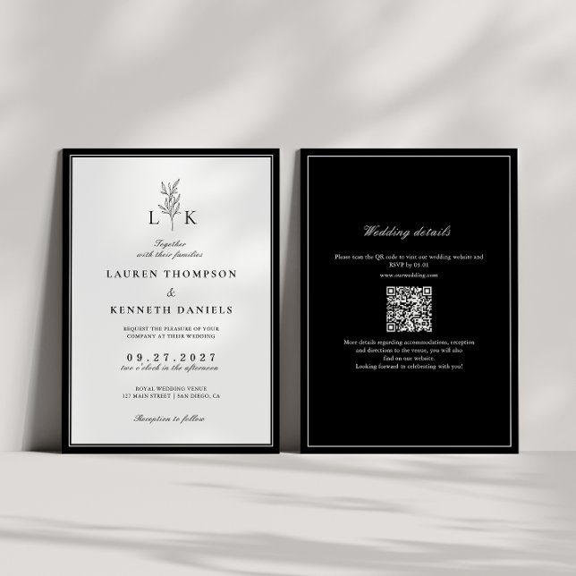 Invitación Elegante Boda de código QR monograma de hoja clási (Subido por el creador)