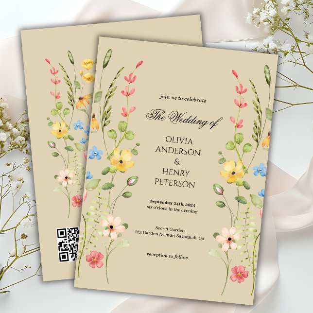 Invitación Elegante Boda de código QR neutro floral floral (Subido por el creador)