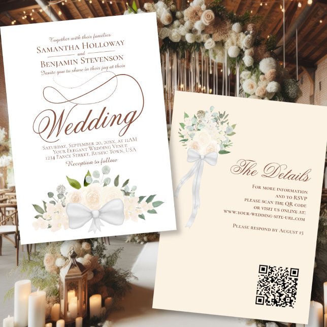 Invitación Elegante Boda de código QR para Bouquet floral Rub (Front/Back)
