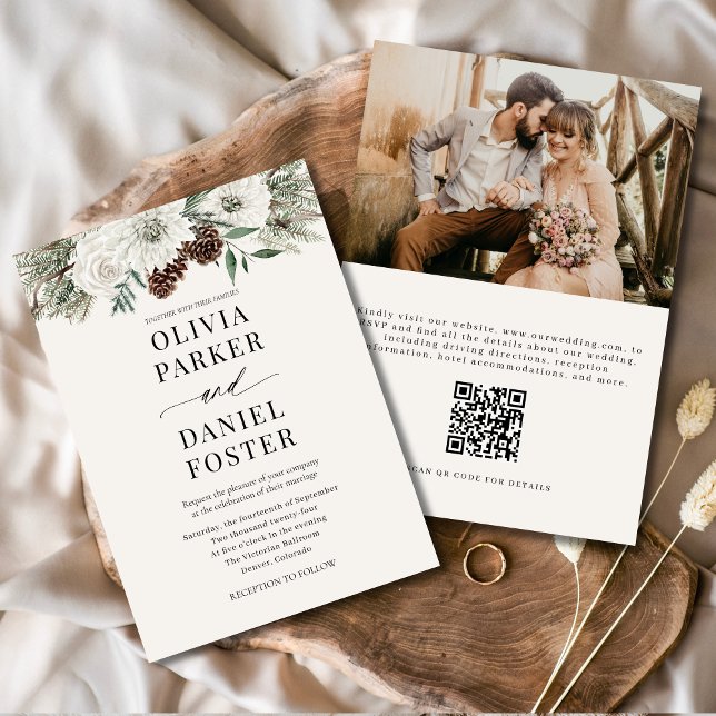 Invitación Elegante Boda de código QR para invierno Evergreen (Subido por el creador)