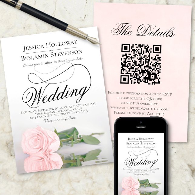 Invitación Elegante Boda de código QR rosa rosa rosa de Rubor (Front/Back/Downloadable)